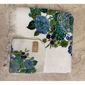 Vintage Blue Floral Bath Towel Set Treasure Island Fringe Hand & Bath Towels